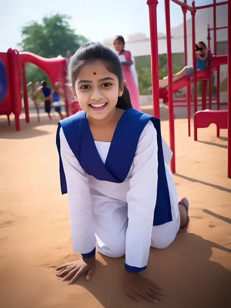 salwar kameez, school girla young indian girl wearing a traditional salwar kameez outfit, playing in the playground with friends , detailed facial features, confident expression, 4k, highly detailed, cinematic lighting, play ground , realistic, photorealis...