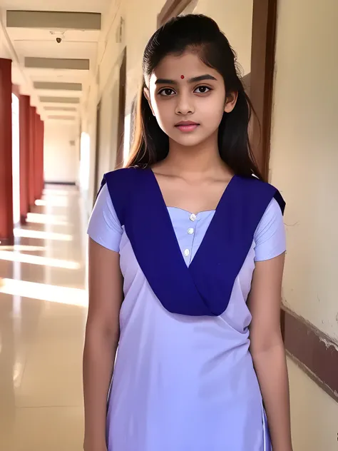 salwar kameez, school girla young indian girl wearing a traditional purple color salwar kameez outfit, standing in a school setting, detailed facial features, confident expression, 4k, highly detailed, cinematic lighting, school hallway background, realist...