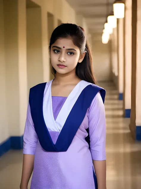 salwar kameez, school girla young indian girl wearing a traditional purple color salwar kameez outfit, standing in a school setting, detailed facial features, confident expression, 4k, highly detailed, cinematic lighting, school hallway background, realist...