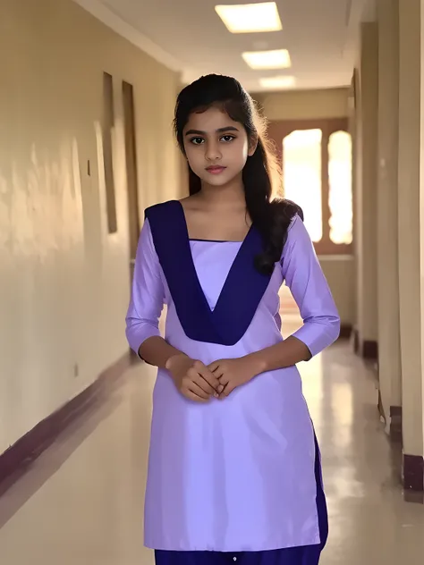 salwar kameez, school girla young indian girl wearing a traditional purple color salwar kameez outfit, standing in a school setting, detailed facial features, confident expression, 4k, highly detailed, cinematic lighting, school hallway background, realist...