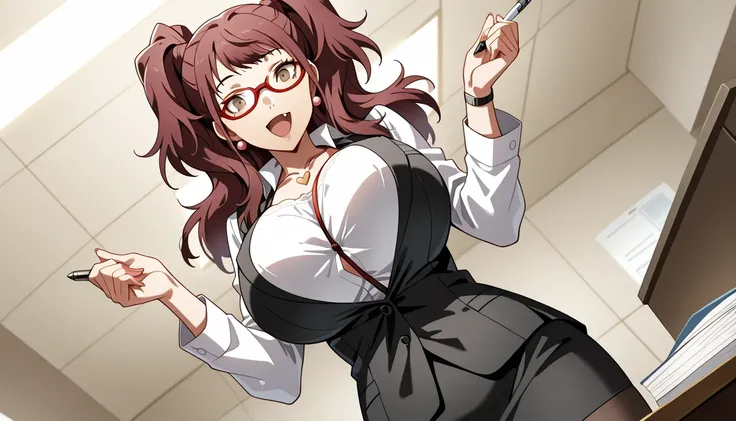(masterwork, masterpiece, best quality, hyper-detailed), 1 girl, solo, p4rise, kujikawa rise, twintails, long hair, brown hair, earrings p4rise-sumcas, heart necklace, ,open mouth,fang,1girl, solo, slight smile, office lady, office room, indoors, professio...