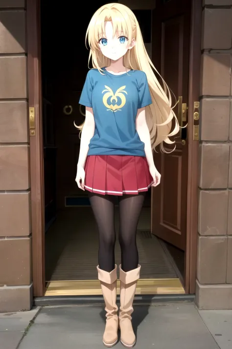 a girl, Standing (Anatomically Correct body 1.6 ) Blonde anime girl with long hair of (eyes yellow navy blue t-shirt and light blue skirt (color) and brown boots 1.6)