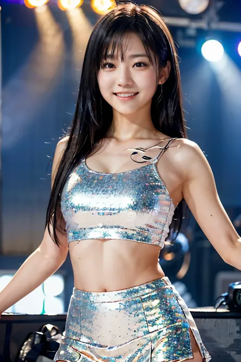 An 18-year-old Japanese woman with a youthful face, wearing a glittery underground idol outfit with a crop top and micro mini skirt, tripping over a speaker placed on the stage of a live music venue and nearly falling, trying to keep a smile on her face de...