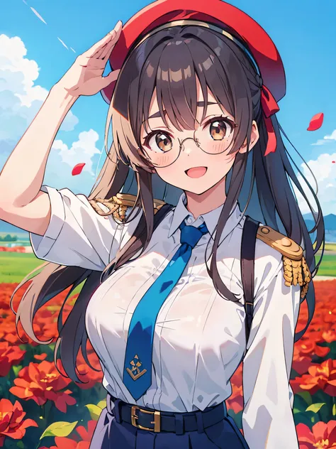 (score_9, score_8_up, score_7_up), source_Anime, absurd_res, white, blue, black, 1girls, solo, multiple girls, upper body, super fine illustration, an extremely delicate and beautiful, best quality, masterpiece, 8K, spring setting, Beautiful field with red...
