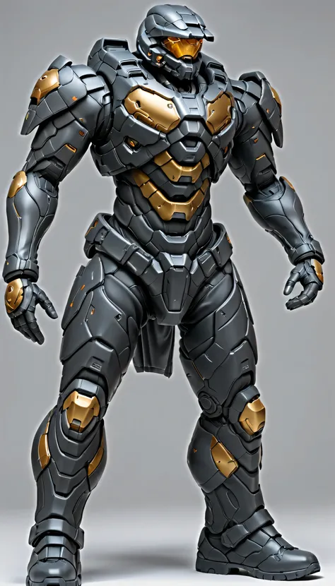 Humanoid Mecha, fully enclosed heavy shoulder guards, matching arm and leg guards, full body, full heavy armor, the design is heavy, heavy torso armor, (the color scheme is primarily black, with gold accent, the concept Inspired by HALO : Reach, organic bi...