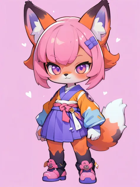 Female hairy purple fox , fox ears, fox tail , wide hips , White Skin Body , SIMPLE BACKGROUND , full body, standing, chibi. (cyberpunk style), ( masterpiece , high quality , Best Quality, 8k, high resolution), (( CHIBI STYLE, chibi cute)), (sozinho, Um...