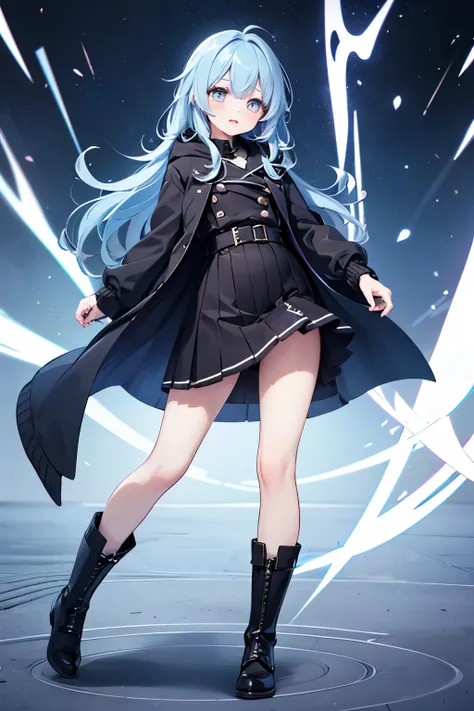 1 girl、blue hair、I have long hair、is wearing underwear、black boots、full of energy、black skirt、black knee socks、Eye color is blue、and I'm wearing a black coat、Highest Quality