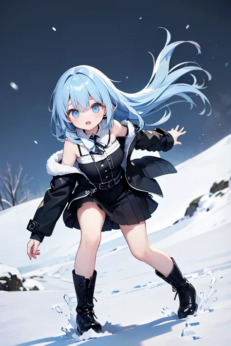 1 girl、blue hair、I have long hair、is wearing underwear、clothes with shoulders sticking out、black boots、full of energy、black skirt、black socks that go up to the knee、Eye color is blue、and I'm wearing a black coat、 background is a snowy landscape、Highest Qua...