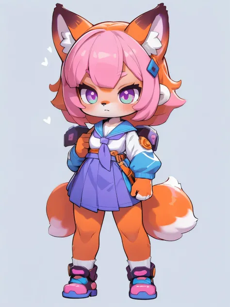 Female hairy purple fox , fox ears, fox tail , wide hips , White Skin Body , SIMPLE BACKGROUND , full body, standing, chibi. (cyberpunk style), ( masterpiece , high quality , Best Quality, 8k, high resolution), (( CHIBI STYLE, chibi cute)), (sozinho, Um...