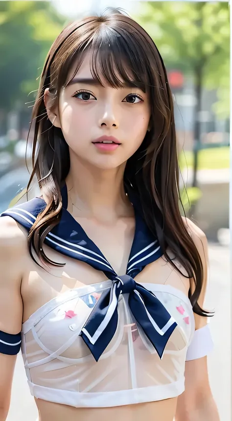 (((All clothes are transparent:1.5)))、cowboy shot with your arm through your sleeve、((I can see a small white transparent bra when I lift up my sailor suit:1.5)）、(((All clothes are transparent)))、Highest Quality、RAW Photo、Genuine、face、Incredibly Beautiful ...