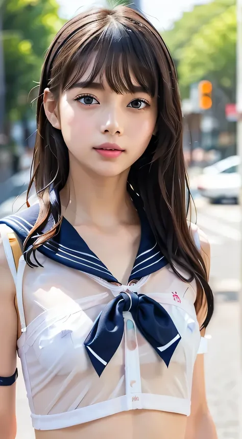 (((All clothes are transparent:1.5)))、cowboy shot with your arm through your sleeve、((I can see a small white transparent bra when I lift up my sailor suit:1.5)）、(((All clothes are transparent)))、Highest Quality、RAW Photo、Genuine、face、Incredibly Beautiful ...