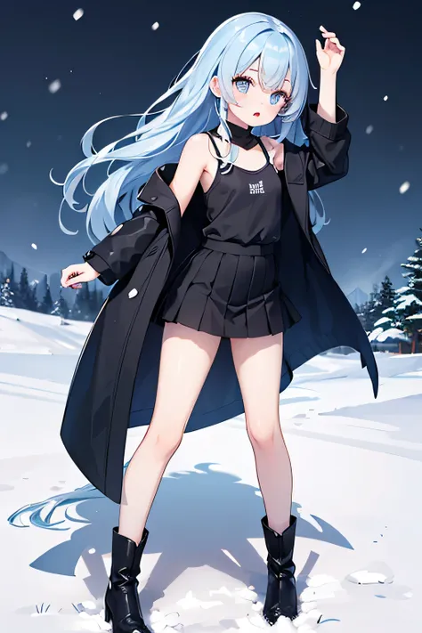 1 girl、blue hair、I have long hair、is wearing underwear、clothes with shoulders sticking out、black boots、full of energy、black skirt、black socks that go up to the knee、Eye color is blue、and I'm wearing a black coat、 background is a snowy landscape、Highest Qua...