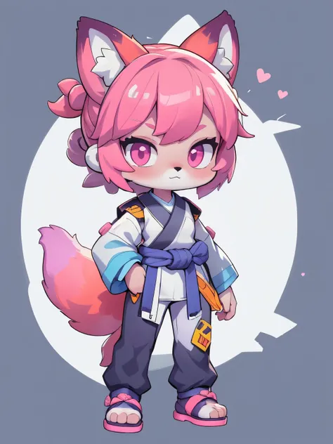 female hairy rainbow fox , fox ears, a fox tail , wide hips , White Skin Body , SIMPLE BACKGROUND , full body, standing, chibi. (cyberpunk style), (high quality , Best Quality, 8k, high resolution), (( CHIBI STYLE, chibi cute)), (sozinho, Uma garota ), {...