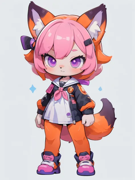 Female hairy purple fox , fox ears, fox tail , wide hips , White Skin Body , SIMPLE BACKGROUND , full body, standing, chibi. (cyberpunk style), ( masterpiece , high quality , Best Quality, 8k, high resolution), (( CHIBI STYLE, chibi cute)), (sozinho, Um...