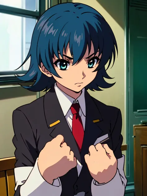in room, anime style, 8k, masterpiece, ultra high res, focus upper body, medium bob hair, flip out hair, marine blue hair, break wearing school uniform, black blazer, break red tie, scowl,
