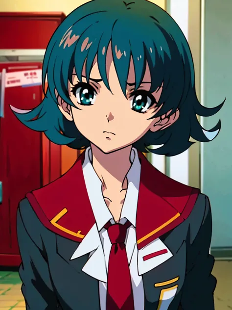 in room, anime style, 8k, masterpiece, ultra high res, focus upper body, medium bob hair, flip out hair, marine blue hair, break wearing school uniform, black blazer, break red tie, scowl,