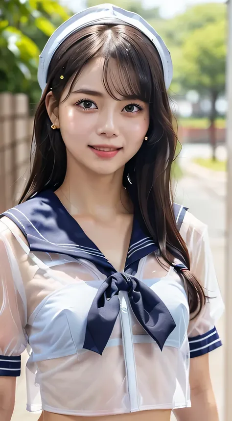 (((All clothes are see-through: 1.5))),{{Lace Bra(pink)Bra}} ,,cowboy shot with arms through the sleeves, ((When the sailor uniform is rolled up, a small white see-through bra is visible: 1.5)), (((All clothes are see-through))), {Best quality}, {RAW photo...