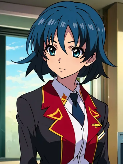 in room, anime style, 8k, masterpiece, ultra high res, focus upper body, medium bob hair, flip out hair, marine blue hair, break wearing school uniform, black blazer, break red tie, scowl,