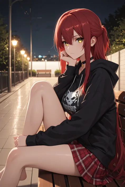 1 girl , golden eyes , very long hair , long sidelocks, red hair ,half updo, petite , very cute , beautiful ,Straight hair, cool, handsome, hair between eyes, sexy, large breasts , print hoodie, black hoodie, hood down, black choker, zipper, long sleeves, ...