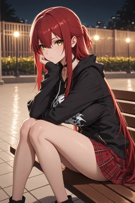 1 girl , golden eyes , very long hair , long sidelocks, red hair ,half updo, petite , very cute , beautiful ,Straight hair, cool, handsome, hair between eyes, sexy, large breasts , print hoodie, black hoodie, hood down, black choker, zipper, long sleeves, ...