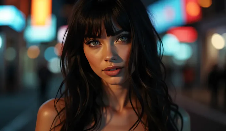 a sexy girl with tight leggins clothes, dark and shiny hair with bangs on the forehead, blues eyes, photorealistic, hyper detailed, 8k, realistic skin texture, beautiful detailed face, piercing blue eyes, long dark hair, tight black leggings, dynamic pose,...