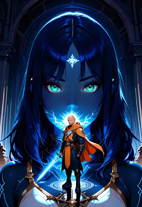 Picture of a vedalken female cleric ((dark blue skin: 1.5)), intense details facial details, exquisite beauty, cleric, (dark blue skin: 1.5)) female, ((bald)), (((no ears: 1.5))), (green eyes: 1.3), armed with a radiant sword, wearing (twilight priestly co...