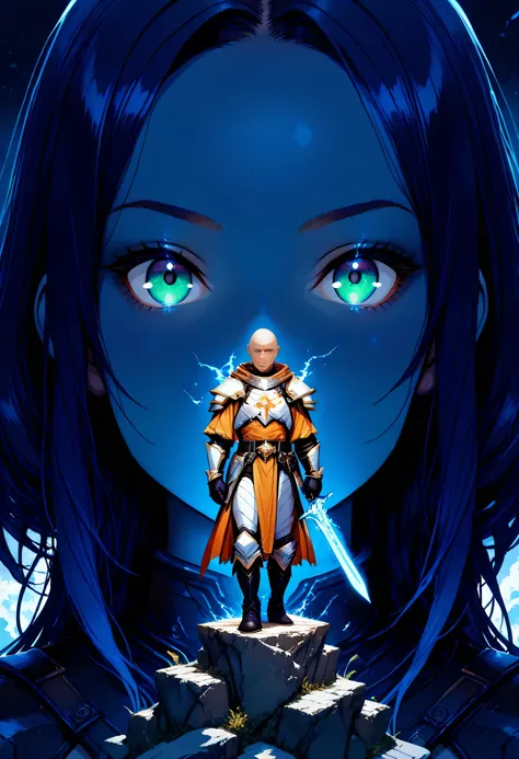 Picture of a vedalken female cleric ((dark blue skin: 1.5)), intense details facial details, exquisite beauty, cleric, (dark blue skin: 1.5)) female, ((bald)), (((no ears: 1.5))), (green eyes: 1.3), armed with a radiant sword, wearing (twilight priestly co...
