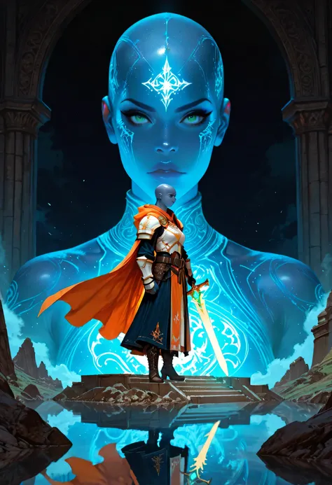 Picture of a vedalken female cleric ((dark blue skin: 1.5)), intense details facial details, exquisite beauty, cleric, (dark blue skin: 1.5)) female, ((bald)), (((no ears: 1.5))), (green eyes: 1.3), armed with a radiant sword, wearing (twilight priestly co...
