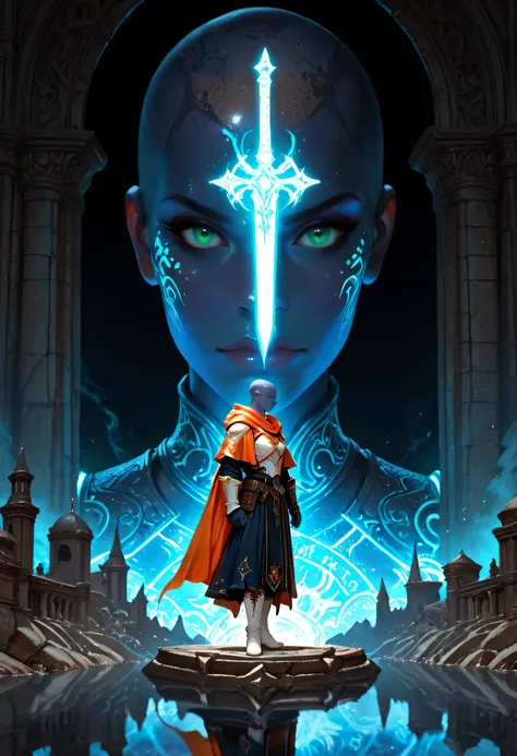 Picture of a vedalken female cleric ((dark blue skin: 1.5)), intense details facial details, exquisite beauty, cleric, (dark blue skin: 1.5)) female, ((bald)), (((no ears: 1.5))), (green eyes: 1.3), armed with a radiant sword, wearing (twilight priestly co...