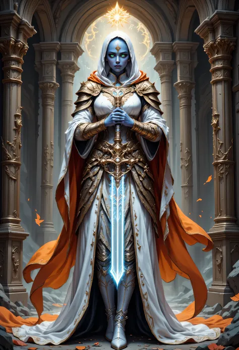 portrait of a female cleric ((dark blue skin: 1.5)), intense details facial details, exquisite beauty, cleric, (dark blue skin: 1.5)) female, ((bald)), (((no ears: 1.5))), (green eyes: 1.3), armed with a radiant sword, wearing (twilight priestly combat ves...