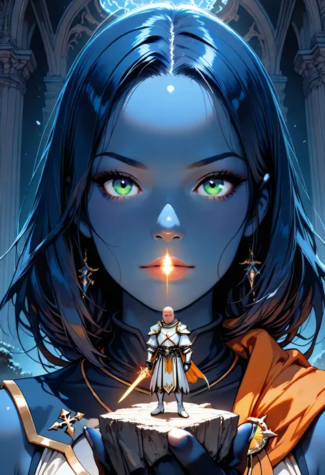 Picture of a vedalken female cleric ((dark blue skin: 1.5)), intense details facial details, exquisite beauty, cleric, (dark blue skin: 1.5)) female, ((bald head)), (((no ears: 1.5))), (green eyes: 1.3), armed with a radiant sword, wearing (twilight priest...