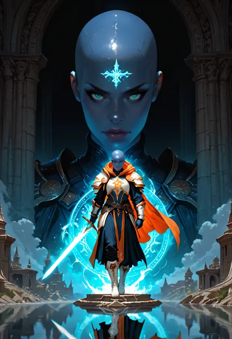 Picture of a vedalken female cleric ((dark blue skin: 1.5)), intense details facial details, exquisite beauty, cleric, (dark blue skin: 1.5)) female, ((bald)), (((no ears: 1.5))), (green eyes: 1.3), armed with a radiant sword, wearing (twilight priestly co...
