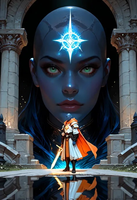 Picture of a vedalken female cleric ((dark blue skin: 1.5)), intense details facial details, exquisite beauty, cleric, (dark blue skin: 1.5)) female, ((bald)), (((no ears: 1.5))), (green eyes: 1.3), armed with a radiant sword, wearing (twilight priestly co...
