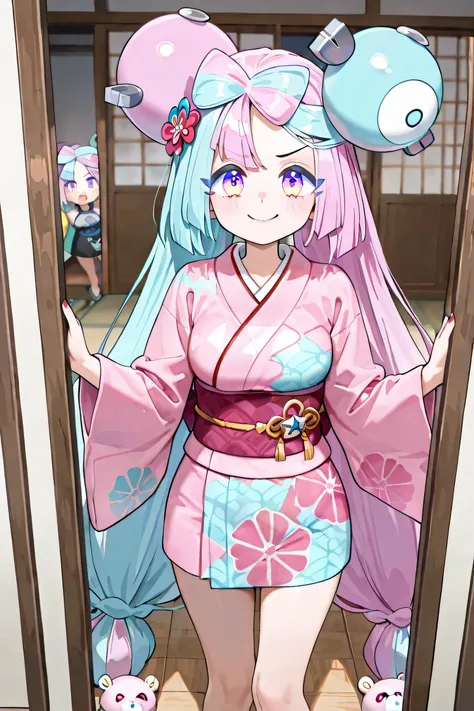 iono (Pokémon Scarlet and Violet),  young girl , ((((Just 1 Iono)))), Medium breasts, very long hair, twintails, Japanese hair ornament, bicolor hair, light blue and pink hair, two-toned eyes, pink and blue eyes, ((animated expression), cheerful smile, ext...