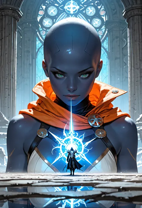 Picture of a vedalken female cleric ((dark blue skin: 1.5)), intense details facial details, exquisite beauty, cleric, (dark blue skin: 1.5)) female, ((bald)), (((no ears: 1.5))), (green eyes: 1.3), armed with a radiant sword, wearing (twilight priestly co...
