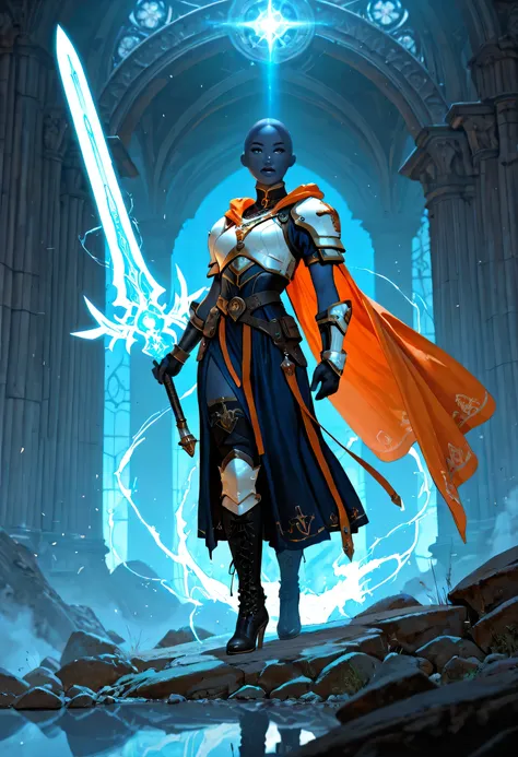 Picture of a vedalken female cleric ((dark blue skin: 1.5)), intense details facial details, exquisite beauty, cleric, (dark blue skin: 1.5)) female, ((bald)), (((no ears: 1.5))), (green eyes: 1.3), armed with a radiant sword, wearing (twilight priestly co...