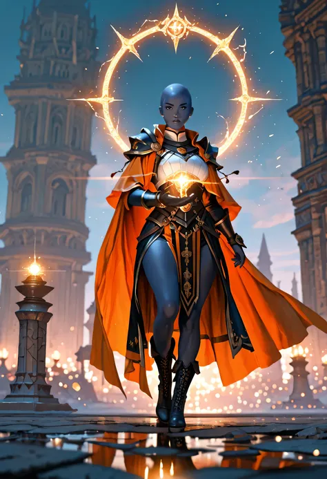 Picture of a vedalken female cleric ((dark blue skin: 1.5)), intense details facial details, exquisite beauty, cleric, (dark blue skin: 1.5)) female, ((bald)), (((no ears: 1.5))), (green eyes: 1.3), armed with a radiant sword, wearing (twilight priestly co...