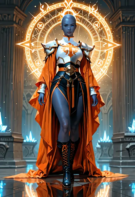 Picture of a vedalken female cleric ((dark blue skin: 1.5)), intense details facial details, exquisite beauty, cleric, (dark blue skin: 1.5)) female, ((bald)), (((no ears: 1.5))), (green eyes: 1.3), armed with a radiant sword, wearing (twilight priestly co...