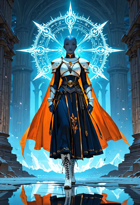 Full body Picture of a vedalken female cleric ((dark blue skin: 1.5)), intense details facial details, exquisite beauty, cleric, (dark blue skin: 1.5)) female, ((bald)), (((no ears: 1.5))), (green eyes: 1.3), armed with a radiant sword, wearing (twilight p...