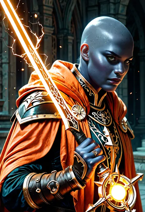 Picture of a vedalken female cleric ((dark blue skin: 1.5)), intense details facial details, exquisite beauty, cleric, (dark blue skin: 1.5)) female, ((bald)), (((no ears: 1.5))), (green eyes: 1.3), armed with a radiant sword, wearing (twilight priestly co...