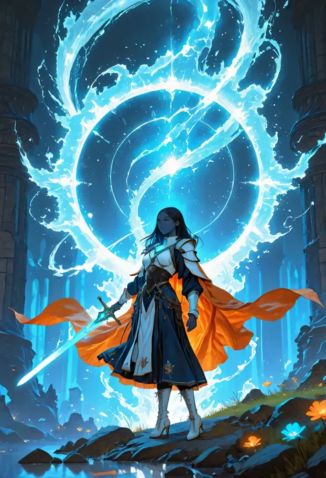 Full body Picture of a vedalken female cleric ((dark blue skin: 1.5)), intense details facial details, exquisite beauty, cleric, (dark blue skin: 1.5)) female, ((bald head)), (((no ears: 1.5))), (green eyes: 1.3), armed with a radiant sword, wearing (twili...