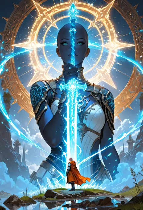 Full body Picture of a vedalken female cleric ((dark blue skin: 1.5)), intense details facial details, exquisite beauty, cleric, (dark blue skin: 1.5)) female, ((bald head)), (((no ears: 1.5))), (green eyes: 1.3), armed with a radiant sword, wearing (twili...