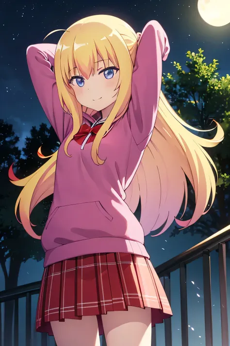 (Extremely detailed CG Unity 8k wallpaper), (masterpiece), (better quality), (Ultra-detailed), (best illustration), (best shadow), (Absurds), a girl, Alone , Gabriel Tenma Blanco, messy hair, choke,red bow skirt,  plaid skirt, pink sweatshirt, arms behind ...