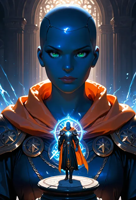 Picture of a vedalken female cleric ((dark blue skin: 1.5)), intense details facial details, exquisite beauty, cleric, (dark blue skin: 1.5)) female, ((bald)), (((no ears: 1.5))), (green eyes: 1.3), armed with a radiant sword, wearing (twilight priestly co...