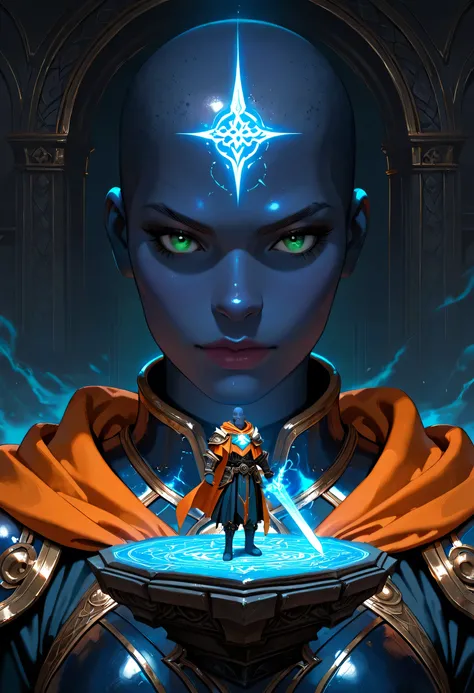 Picture of a vedalken female cleric ((dark blue skin: 1.5)), intense details facial details, exquisite beauty, cleric, (dark blue skin: 1.5)) female, ((bald)), (((no ears: 1.5))), (green eyes: 1.3), armed with a radiant sword, wearing (twilight priestly co...