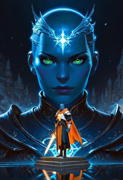 Picture of a vedalken female cleric ((dark blue skin: 1.5)), intense details facial details, exquisite beauty, cleric, (dark blue skin: 1.5)) female, ((bald)), (((no ears: 1.5))), (green eyes: 1.3), armed with a radiant sword, wearing (twilight priestly co...