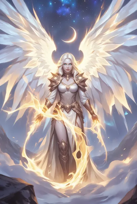 female, sorceress, casting flaming spell, full body, aasimar, female, white large feathered wings, blond hair, green eyes, determined face, divine light, intense eyes, ultra feminine, ultra detailed face, (Masterpieceת intense details:1.5), wearing azure a...