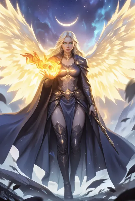 female, sorceress, casting flaming spell, full body, aasimar, female, white large feathered wings, blond hair, green eyes, determined face, divine light, intense eyes, ultra feminine, ultra detailed face, (Masterpieceת intense details:1.5), wearing azure a...