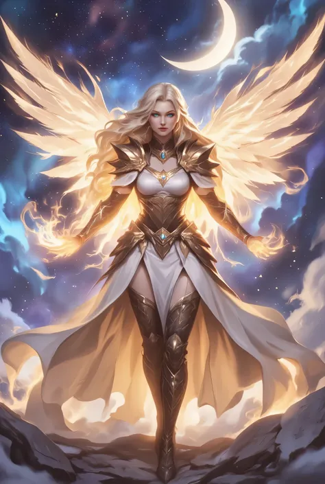 female, sorceress, casting flaming spell, full body, aasimar, female, white large feathered wings, blond hair, green eyes, determined face, divine light, intense eyes, ultra feminine, ultra detailed face, (Masterpieceת intense details:1.5), wearing azure a...
