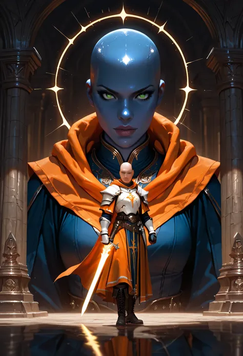Picture of a vedalken female cleric ((dark blue skin)), intense details facial details, exquisite beauty, cleric, (dark blue skin) female, ((bald)), (((no ears))), (green eyes), armed with a radiant sword, wearing (twilight priestly combat vestments), wear...